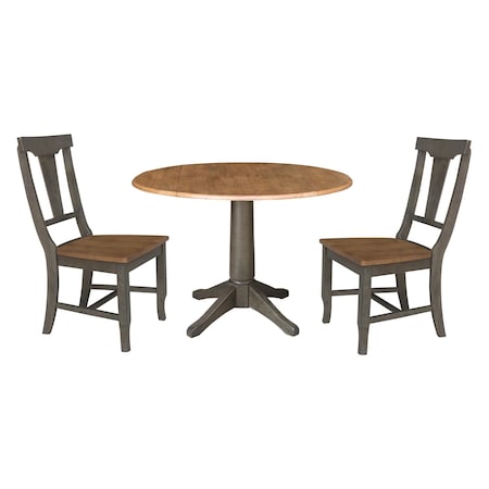 International Concepts Round Round 42 in. Dual Drop Leaf Dining Table with 2 Panel Back Chairs in Hickory/Washed Coal K45-42DPT-27B-C110-2